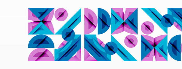 Leinwandbilder - Abstract geometric pattern. Blue, purple shapes overlap creating dynamic composition. Clean lines, circles, triangles form modern design. Minimalist aesthetic.