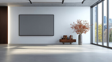 Poster - Modern interior design features spacious room with large blank wall, perfect for displaying art or screen. stylish wooden cabinet holds decorative items, while tall vase with autumn foliage adds