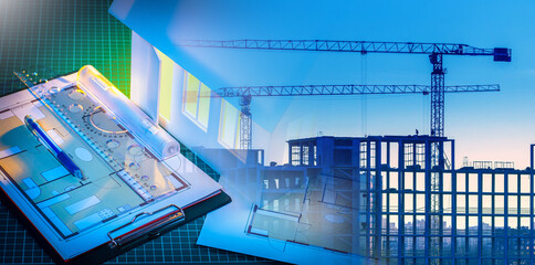 Poster - construction buildings. architectural industry. engineering drawings apartment on table. silhouette 