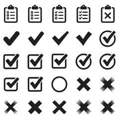 Poster - Checklist vector icon set, checkmarks, cross symbols, and clipboard designs vector style. Perfect for task management, to do lists, forms, and productivity related projects