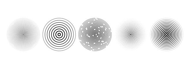 Poster - Black concentric circle set. Dotted and dashed round sound wave collection. Epicenter, target, radar, sonar icon concept. Radial radio signal or vibration elements. Linear halftone symbols. Vector