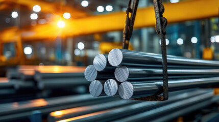 Poster - Steel round rods and flat bars are being lifted in manufacturing facility, showcasing industrial strength and precision in metalwork. vibrant lighting adds dynamic feel to scene