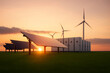© Akbar - Dawn of new renewable energy technologies. Modern, aesthetic and efficient dark solar panel panels, a modular battery energy storage system and a wind turbine system in warm light. 3D rendering.