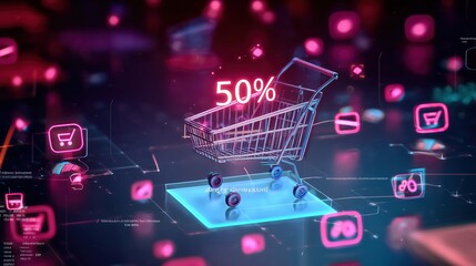 Aufkleber - 3D rendered shopping cart with glowing 