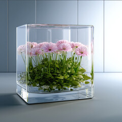 Poster - clear glass cube contains vibrant pink flowers and lush green foliage, creating serene and refreshing atmosphere. This elegant arrangement adds touch of nature to any space