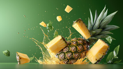 Poster - Fresh pineapple splashes with vibrant yellow juice against green background, showcasing dynamic pieces of fruit and leaves. scene captures essence of tropical freshness and vitality