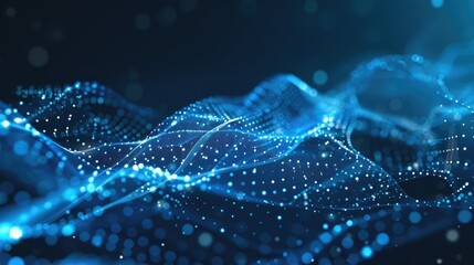 Poster - An abstract blue background featuring a wave of dots and lines, creating a dynamic and modern visual effect. Perfect for digital themes and technology designs.