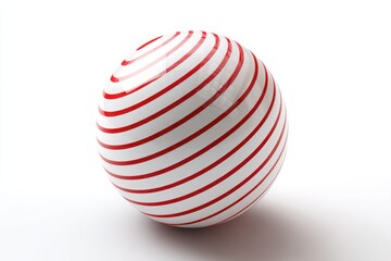 Poster - Close up of a white sphere with red diagonal stripes on a white background in a studio setting