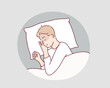© autumnn - man suffers from insomnia. man lying on pillow, suffering from headache and having difficulty falling asleep. Hand drawn style vector design illustrations.