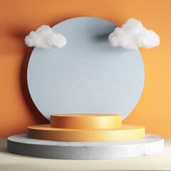 Poster - A pastel product display featuring a circular backdrop with fluffy white clouds and tiered platforms