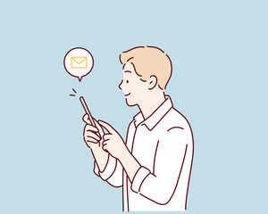Man Messaging With Phone. Hand drawn style vector design illustrations.