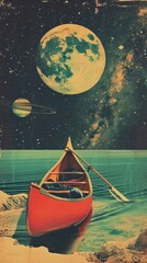 Wall Mural - collage retro dreamy kayak astronomy outdoors vehicle.