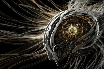 Poster - A futuristic looking head with a yellow eye and a silver body. symbolizing the intersection of Big Data with exam topics.