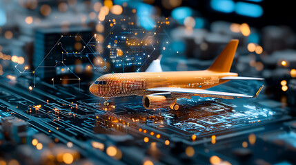 Poster - Aviation innovation digital airplane model on circuit board technology hub 3d visualization futuristic environment