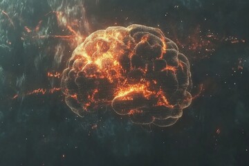 Poster - A brain is shown in a fiery explosion, with the flames surrounding it. symbolizing the intersection of Big Data with exam topics.