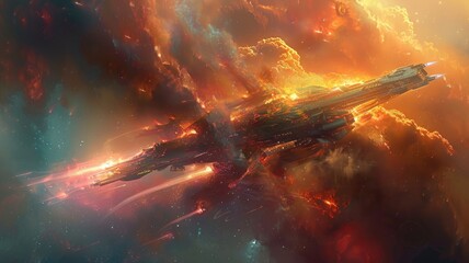 Poster - This artwork depicts a vibrant angular spaceship surrounded by intense light and swirling colors in a cosmic vortex, creating a stunning futuristic scene.