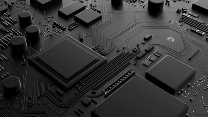 Poster - Close up of a circuit board with metallic material. Macro photography of motherboard or microchip or electrical circuit with dark black color glowing neon light. Digital artwork for design. AIG53.