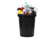 © stock.metket.com - A black trash can overflowing with various types of recyclable waste on a white isolated background