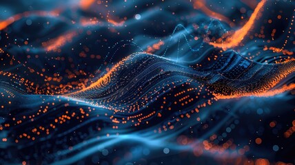 Poster - Immerse in an abstract futuristic background featuring dynamic waves and vibrant particles. This artful representation showcases technology and creativity in a digital atmosphere.