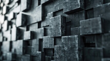 Poster - Abstract metallic geometric blocks in grey and gold. Abstract artwork of 3D rendering art with geometric shape with black wall. Digital art for design and print. Building construction concept. AIG53.