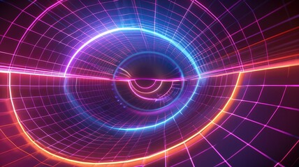 Poster - Abstract digital image of a colorful vortex with grid patterns on a dark background. Digital artwork of portal with vibrant color. Teleport. Futuristic and technology concept for art design. AIG53.