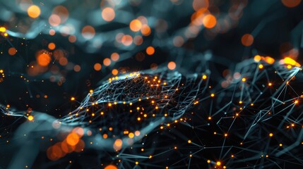 Poster - A conceptual visualization showcasing an intricate wireless mesh network, illustrating the interaction between IoT devices through luminous connections, showcasing technology and innovation.