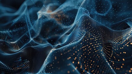 Poster - Explore an abstract dark pattern representing artificial intelligence, featuring flowing waves and glowing particles, perfect for technology-themed projects.