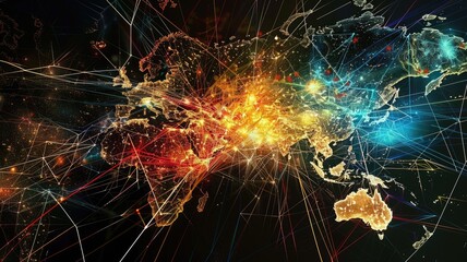 Poster - Explore an abstract visualization showcasing critical network partitioning across the globe, highlighting connections and technological dynamics in a vibrant design.