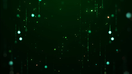 Fototapete - Future technology background concept. Abstract green digital particles and glowing vertical falling lines.