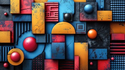 Fototapete - Abstract geometric shapes in red, blue, yellow, and black. Modern art design. Background image of 3D rendering geometric shape with vibrant color. Modern and creative artwork design. Poster. AIG51.