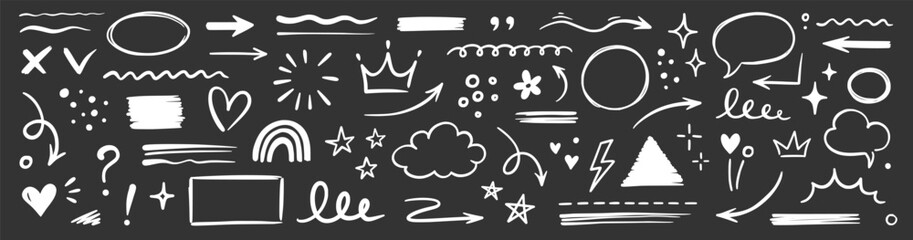 Aufkleber - Line hand drawn brush marker underline, highlight, star element chalkboard set. Hand drawn sketch marker underline shape, arrow, star scribble brush pen stroke highlight element. Vector illustration