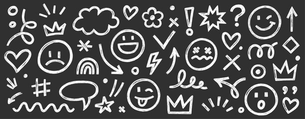 Poster - Smile brush hand drawn vector element set. Emoji fun face, heart, crown symbol crayon texture marker background kid sketch style hand drawn element. Scribble shape, smiley face. Vector illustration