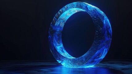 Poster - This striking image features a giant circle form illuminated in vibrant blue light. Its unique design and elegant translucence create a captivating visual impact. Ideal for modern art and design