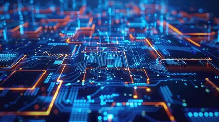Poster - Abstract blue digital circuitry with glowing lines. Digital artwork of electronic circuit with glowing blue color and black background. Abstract artwork of motherboard. Technology innovation. AIG53.