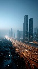 Poster - futuristic urban skyline with interwoven highways, bioluminescent lighting, floating transportation 