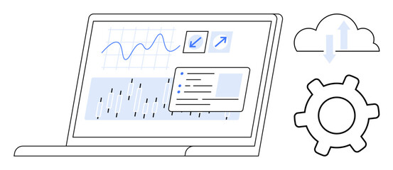 Laptop displaying data graphs, charts, and interface menus. Gear icon and cloud storage with arrows. Ideal for analytics, technology, cloud storage, data visualization, optimization workflow