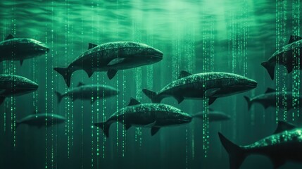 Poster - School of fish swims in dark, green water with sparkling light rays. It can represent a digital river, AI or deep sea ecology concepts.