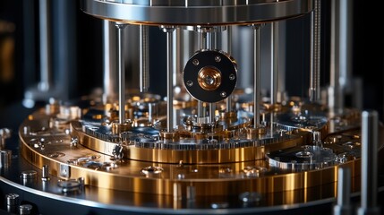 Aufkleber - Complex metal mechanism with gears and rods in gold and silver tones. This image showcases precision, engineering, and scientific advancement.