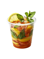 Poster - Refreshing fruit fusion in a clear plastic cup against a stark black background