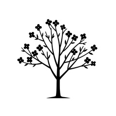 Poster - Black silhouette of blooming tree: A minimalist black silhouette of a blossoming tree, symbolizing growth, springtime, and new beginnings. The elegant design is perfect for various applications.