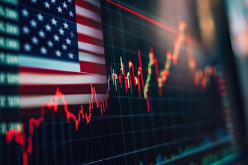 Aufkleber - graph with a red line that is below the American flag. The graph is showing a downward trend