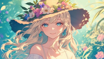 beautiful anime girl with long flowing hair wearing a sun hat adorned with flowers, bright blue eyes