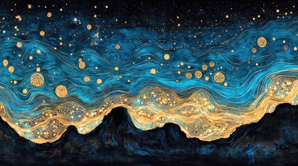 Poster - Breathtaking Contrast of Glowing Microbial Mats Against a Dark Background with Twinkling Stars and Flowing Blue Waves