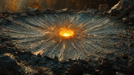 Poster - Breathtaking Energy Vortex Forming Above Gravity with Fiery Center Surrounded by Rocky Terrain in Cosmic Space Environment