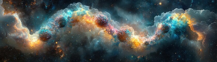 Poster - A Stunning Cosmic Background Displaying Colorful Nebulae Representing Science Concepts of Bioengineering and Genetic Splitting in the Universe