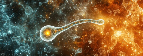 Poster - Vibrant Luminescent Amoeba Floating Gracefully in a Cosmic Background of Blue and Orange Colors with Intricate Bio Patterns