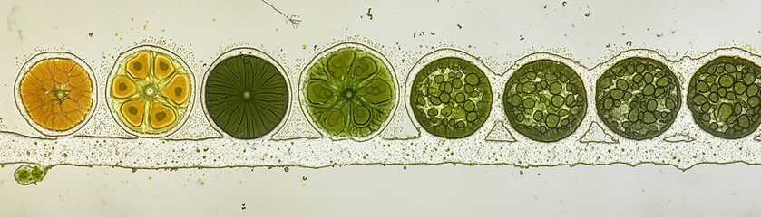 Poster - Bright and Colorful Microscopic Shot of Cyanobacteria in Diverse Shapes and Patterns Under Laboratory Conditions