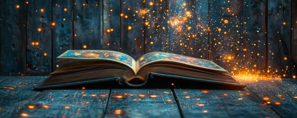 Poster - Beautifully Illustrated Astronomy Book Open on Wooden Table with Sparkling Particles Surrounding the Pages and Creating a Magical Atmosphere