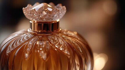Wall Mural - A close-up of a perfume bottle with a delicate rose gold cap, illuminated by soft, natural light to emphasize the fine details of the design