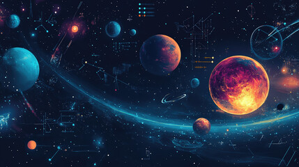 a colorful space scene with planets and stars